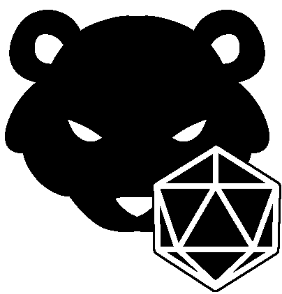 A black and white drawing of a bear head with a d20 in front of it.